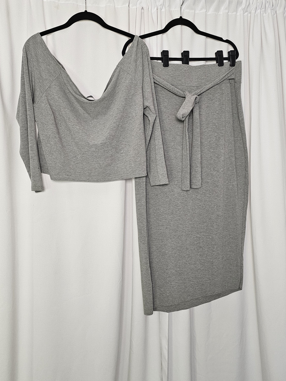 Fashion to Figure Light Gray Off-Shoulder Midi Skirt Set - Picture 2 of 8